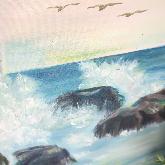 Vintage Storybook Lighthouse Cottage Painting Framed Coastal Wall Art